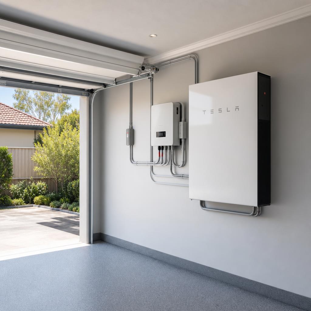 Modern home battery storage unit mounted on a garage wall
