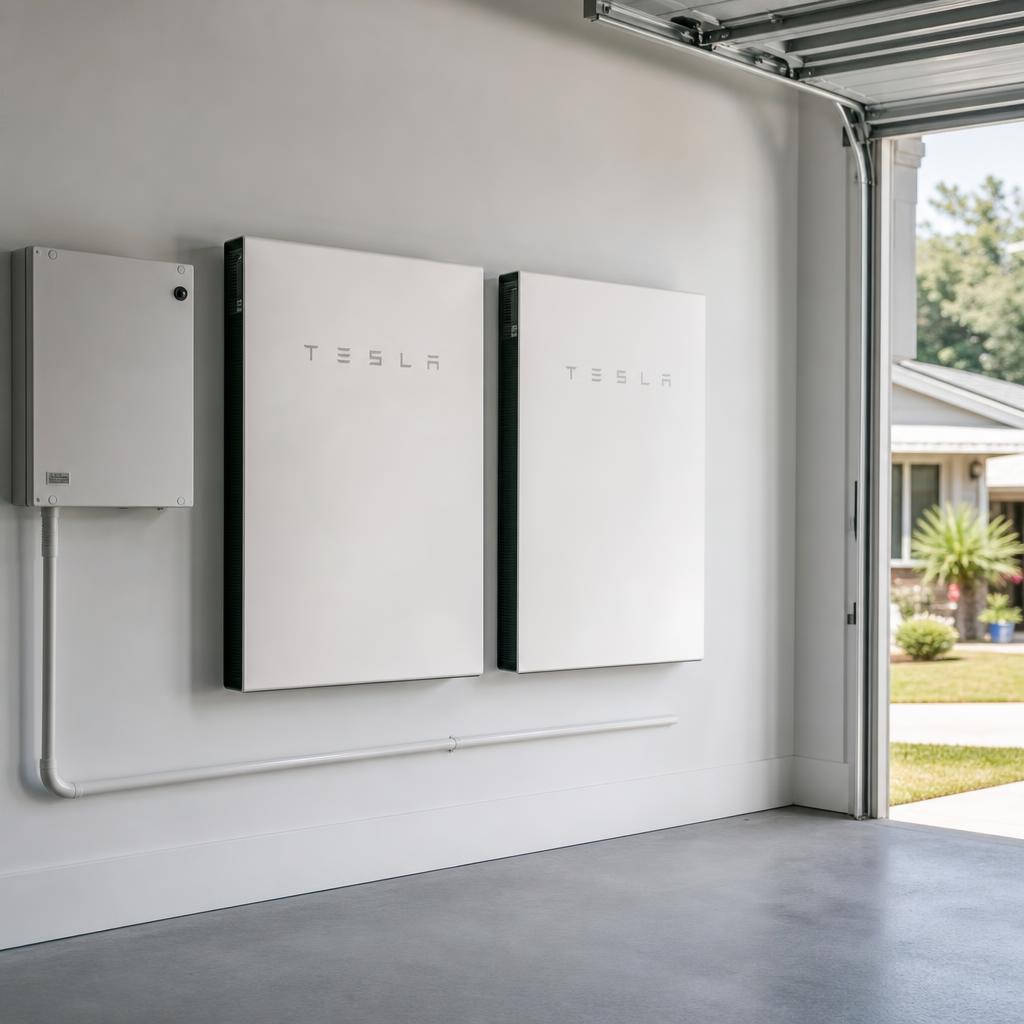 Sleek white home battery storage units mounted on a wall