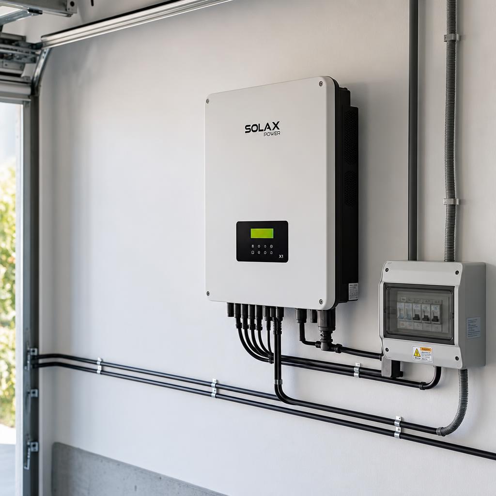 Modern solar inverter mounted on a garage wall