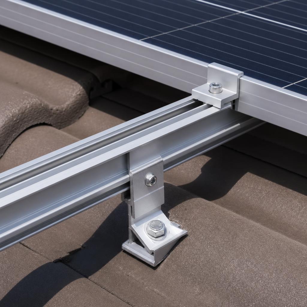Aluminium solar panel mounting rails on a tiled roof