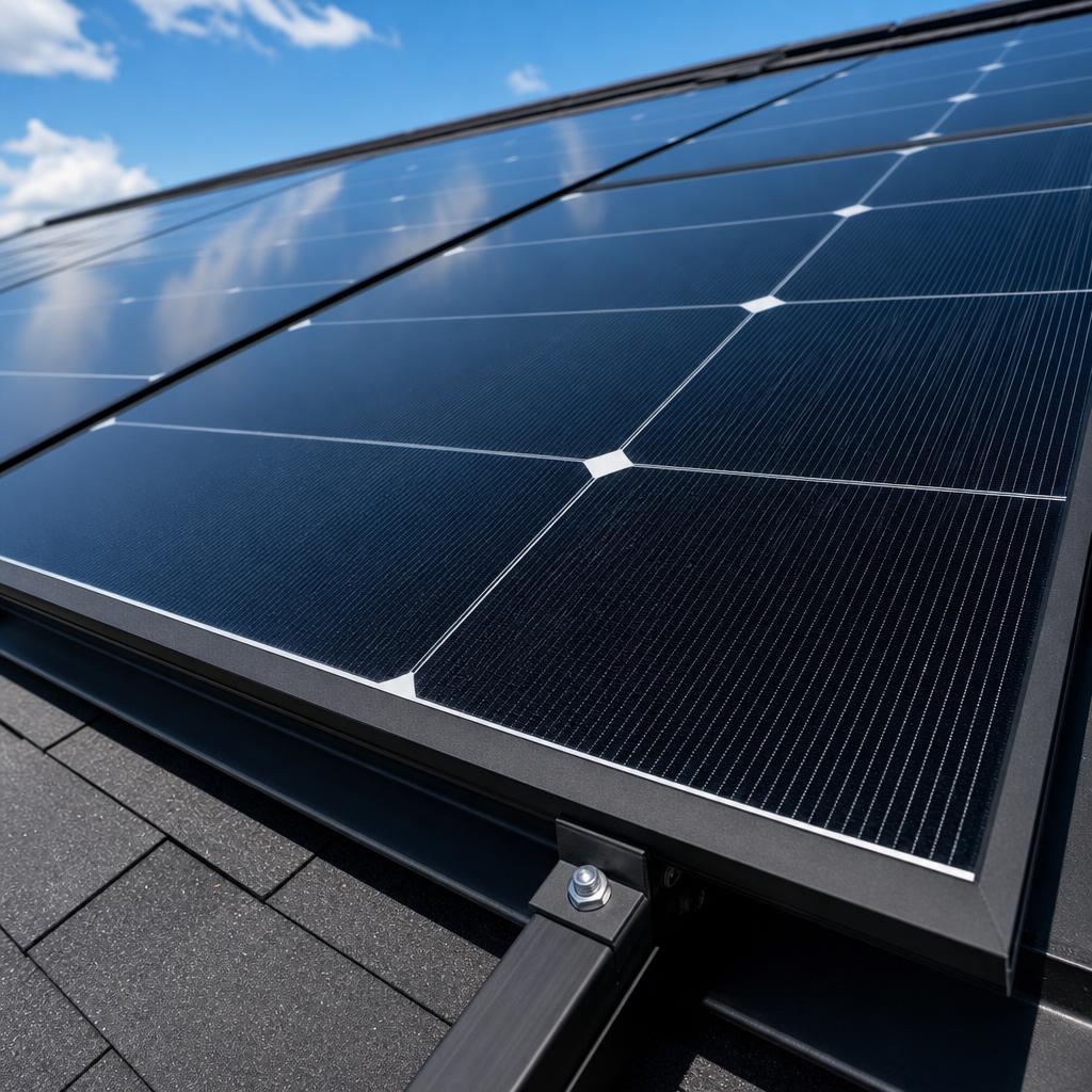 Close-up of premium black monocrystalline solar panels
