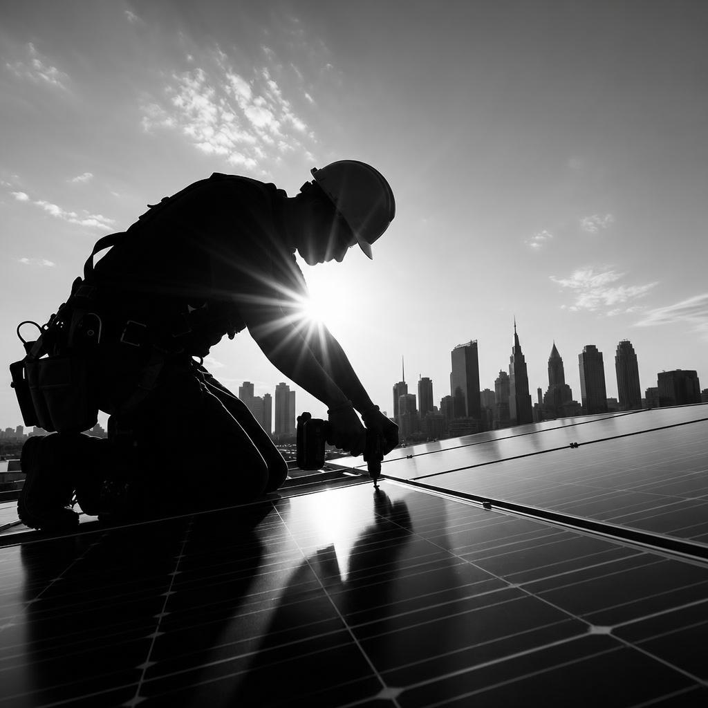 Electrician silhouetted against the sun installing solar panels on a city rooftop