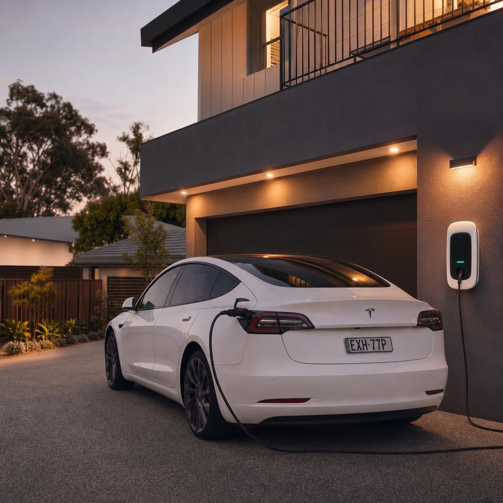Electric car plugged into a home EV charger at dusk
