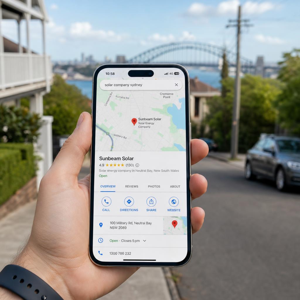 Smartphone showing a Google Maps local business listing for a solar company