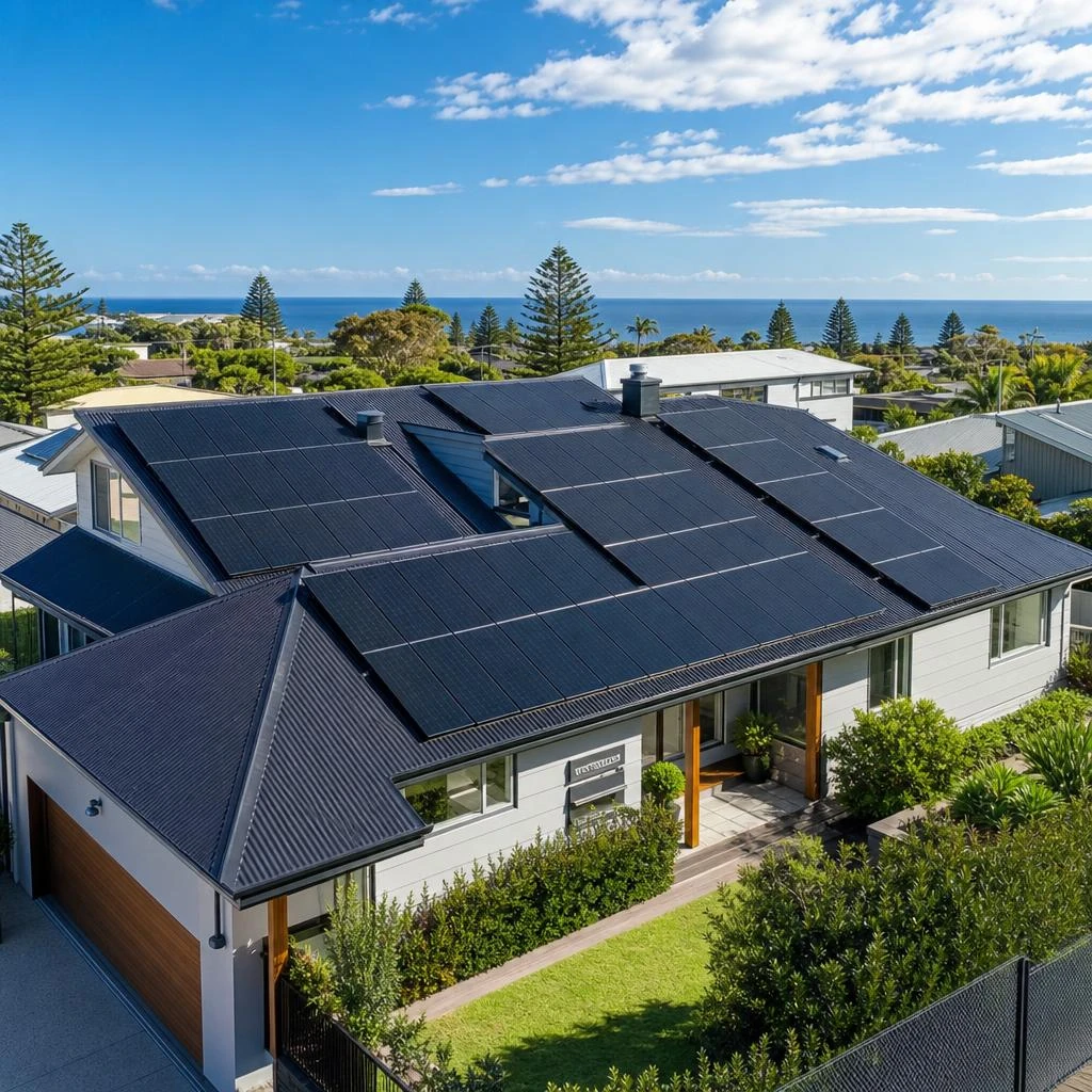 Modern Australian home with solar panels at dusk