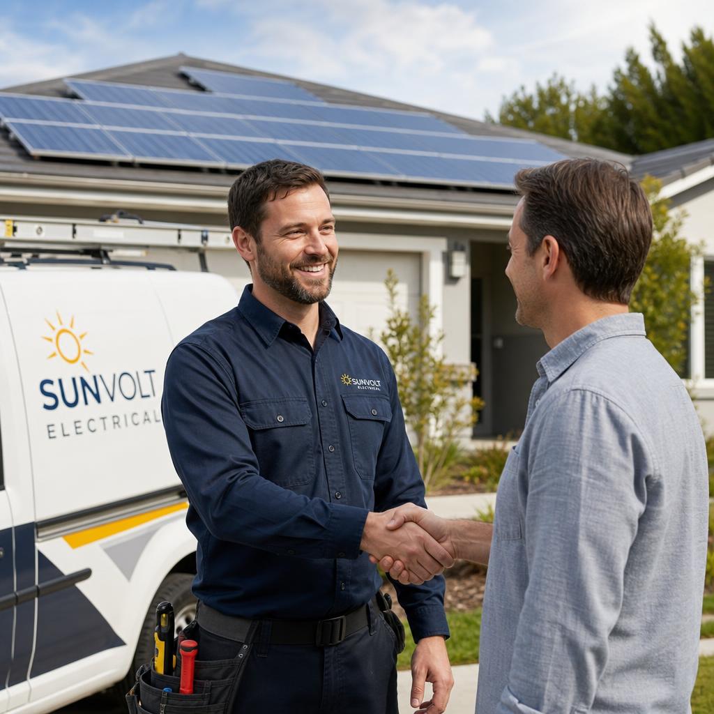 Licensed electrician shaking hands with a homeowner in front of a solar-powered house