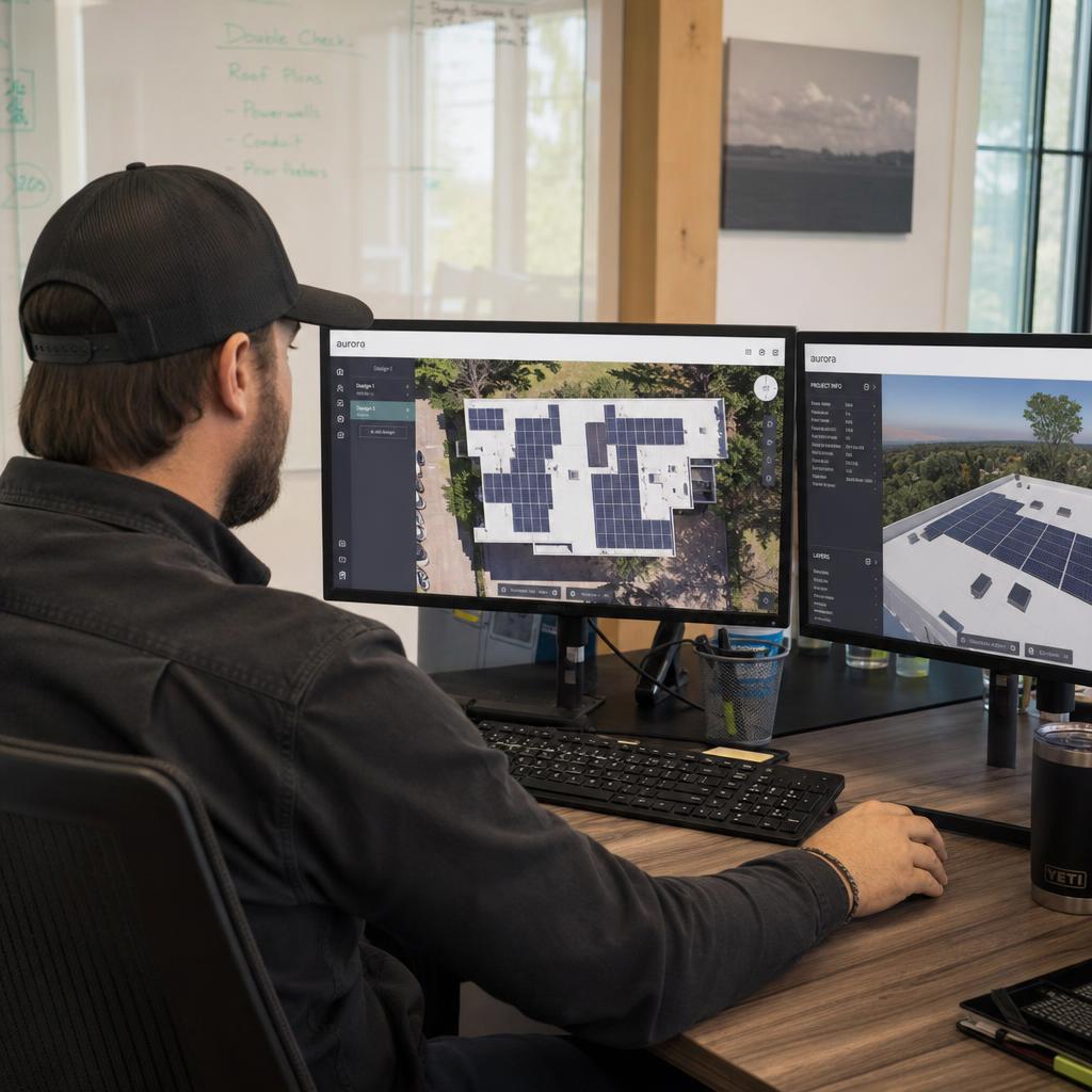 Engineer reviewing solar system design plans