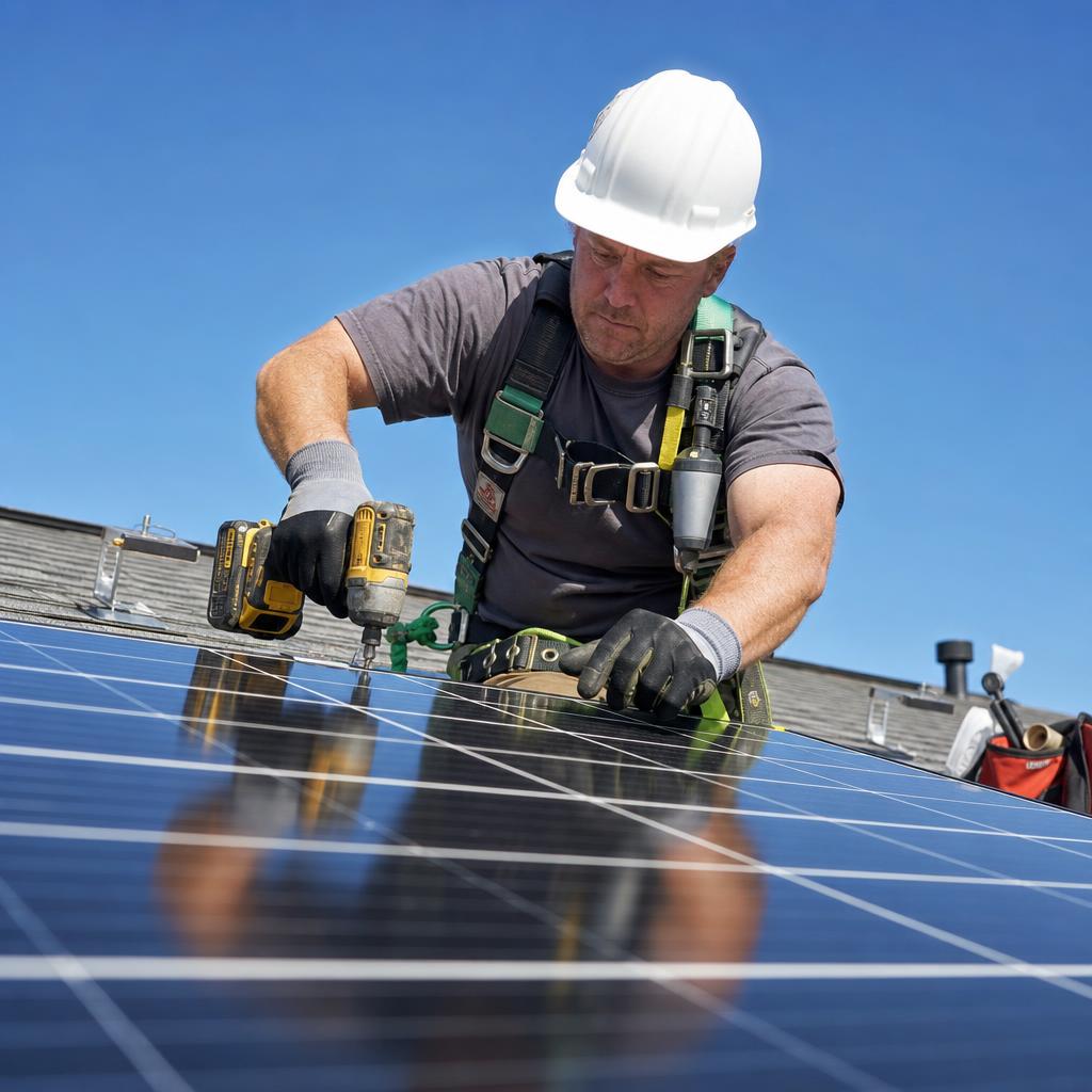 Electrician installing solar panels on a rooftop
