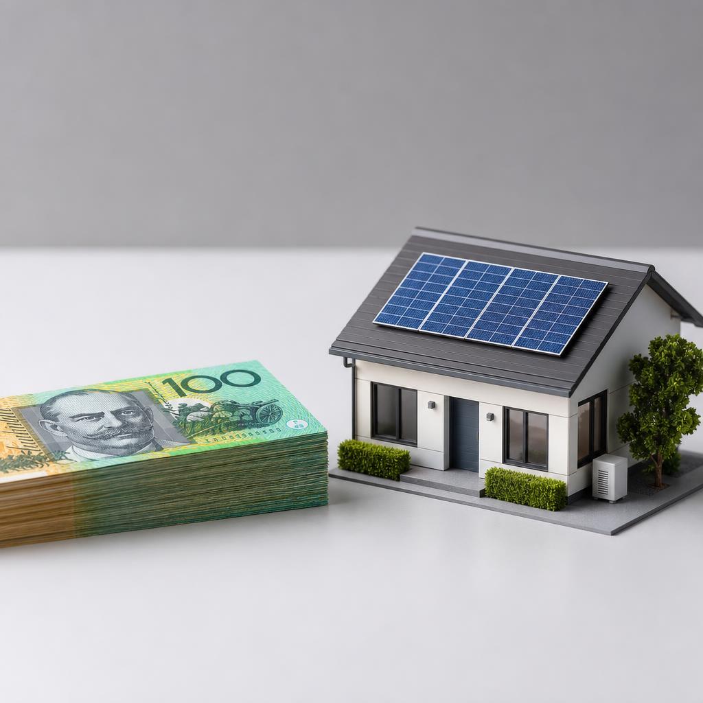 Stack of Australian dollar bills next to a model house with solar panels