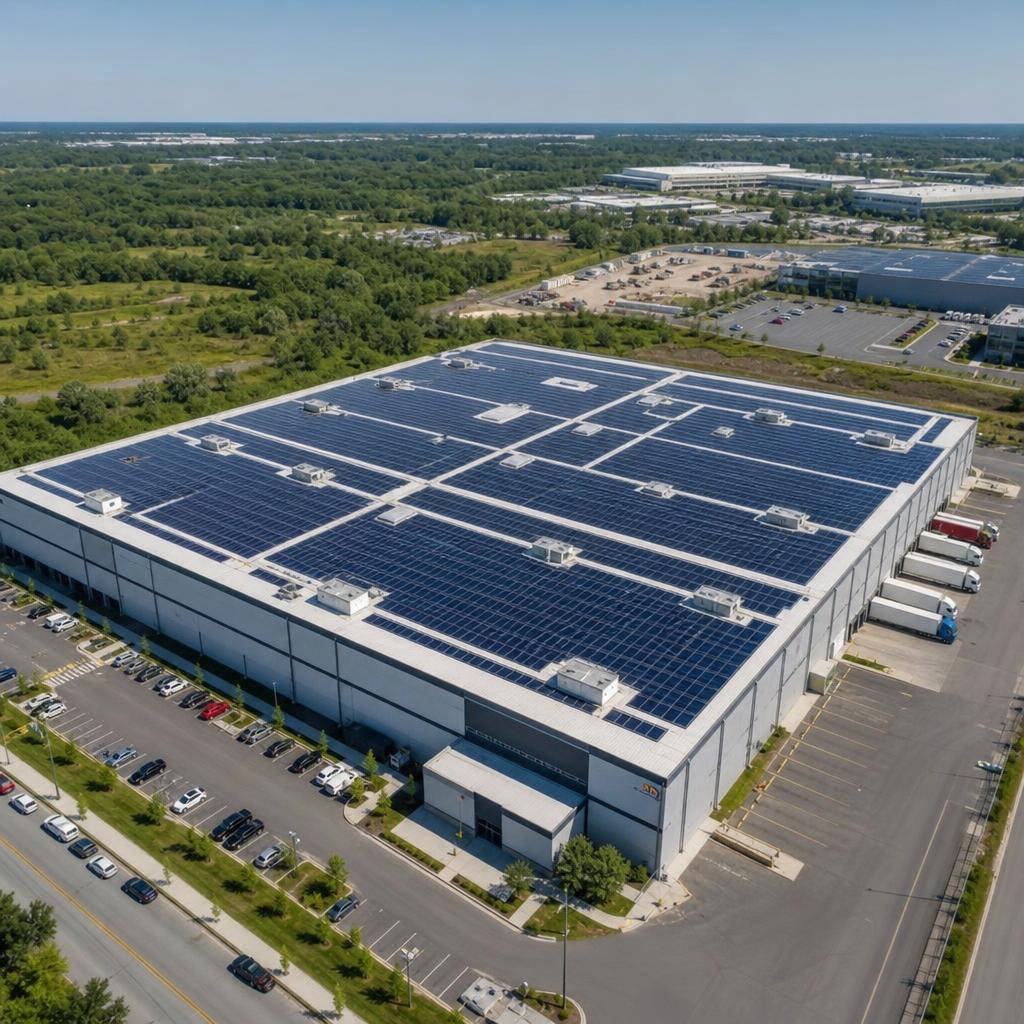 Large commercial rooftop covered with solar panels