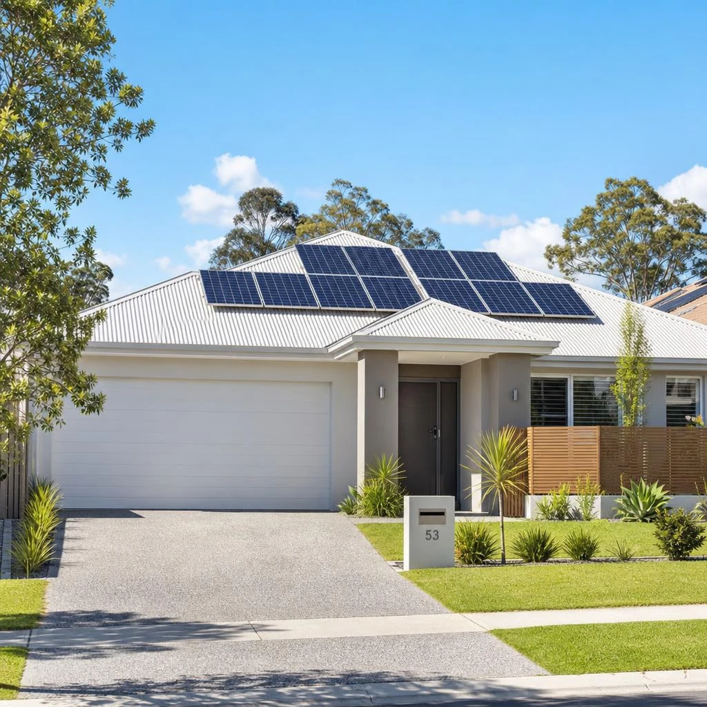 Modern home with rooftop solar panels