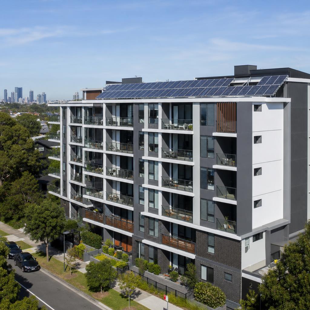 Multi-story apartment building with solar panels
