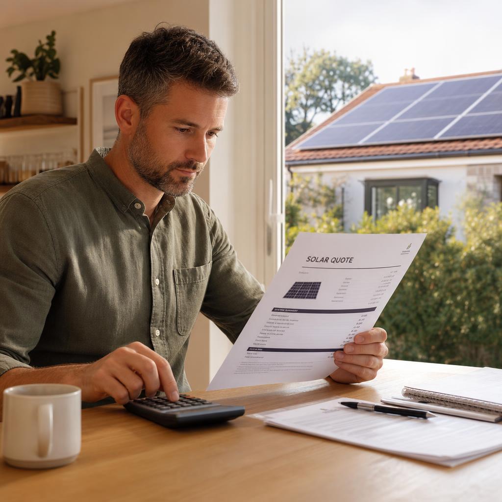 Homeowner reviewing a solar quote with a calculator