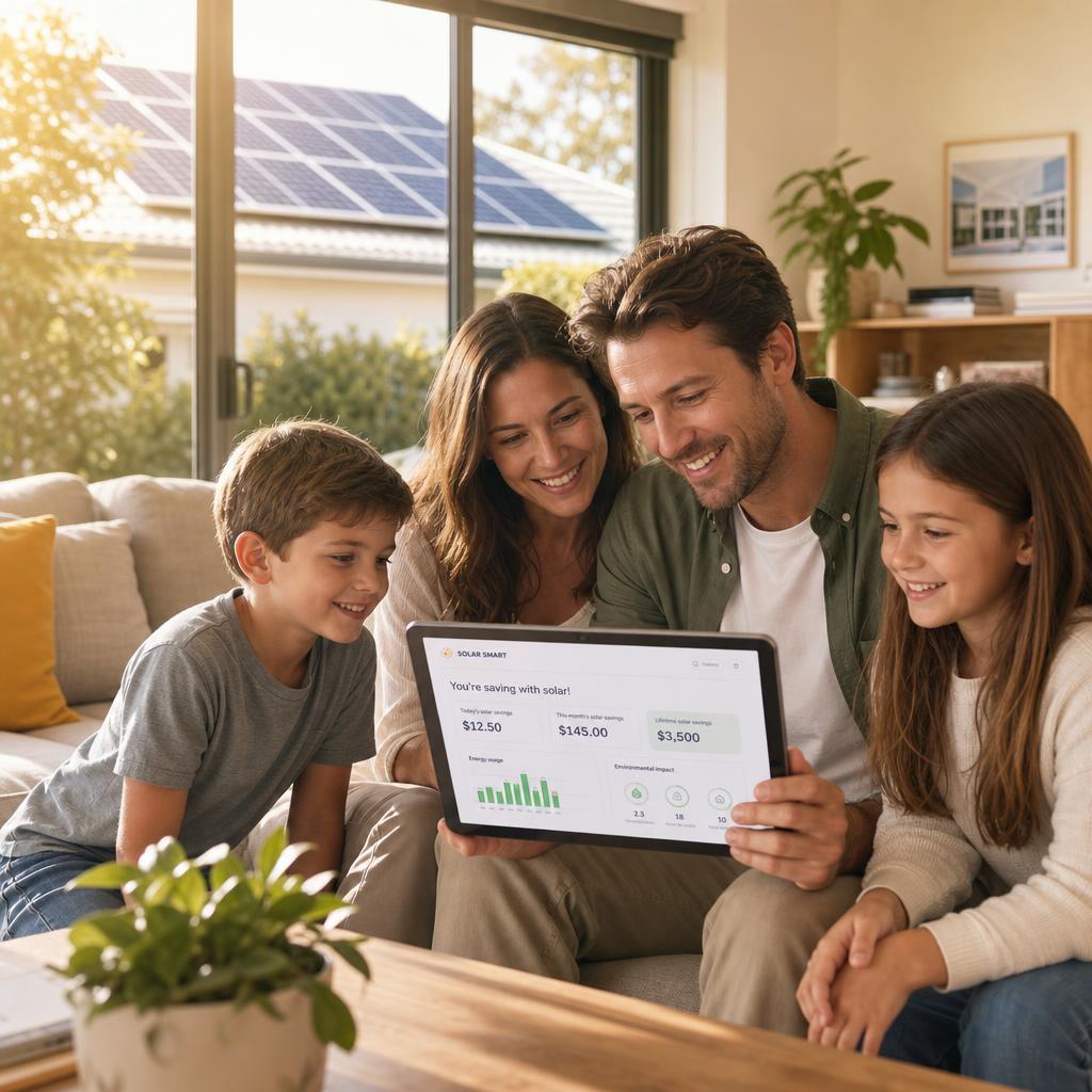 Family reviewing a solar savings app on a tablet in their living room