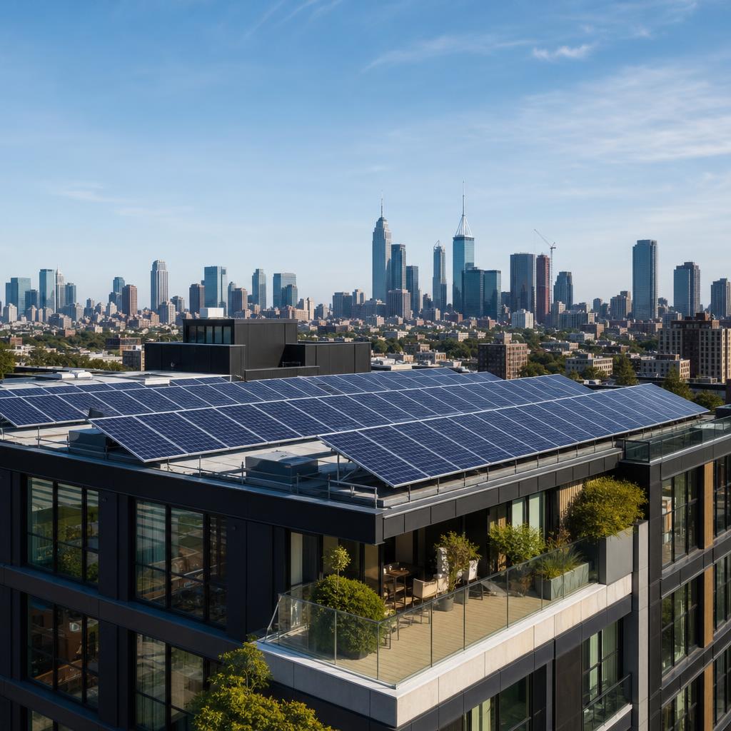 Modern apartment building rooftop covered with solar panels overlooking a city skyline