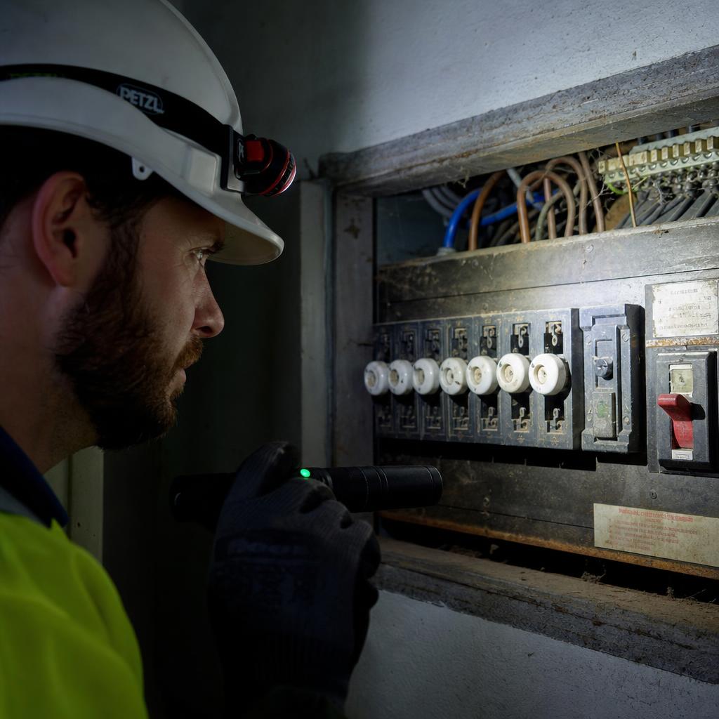 Electrician inspecting an old fuse box switchboard