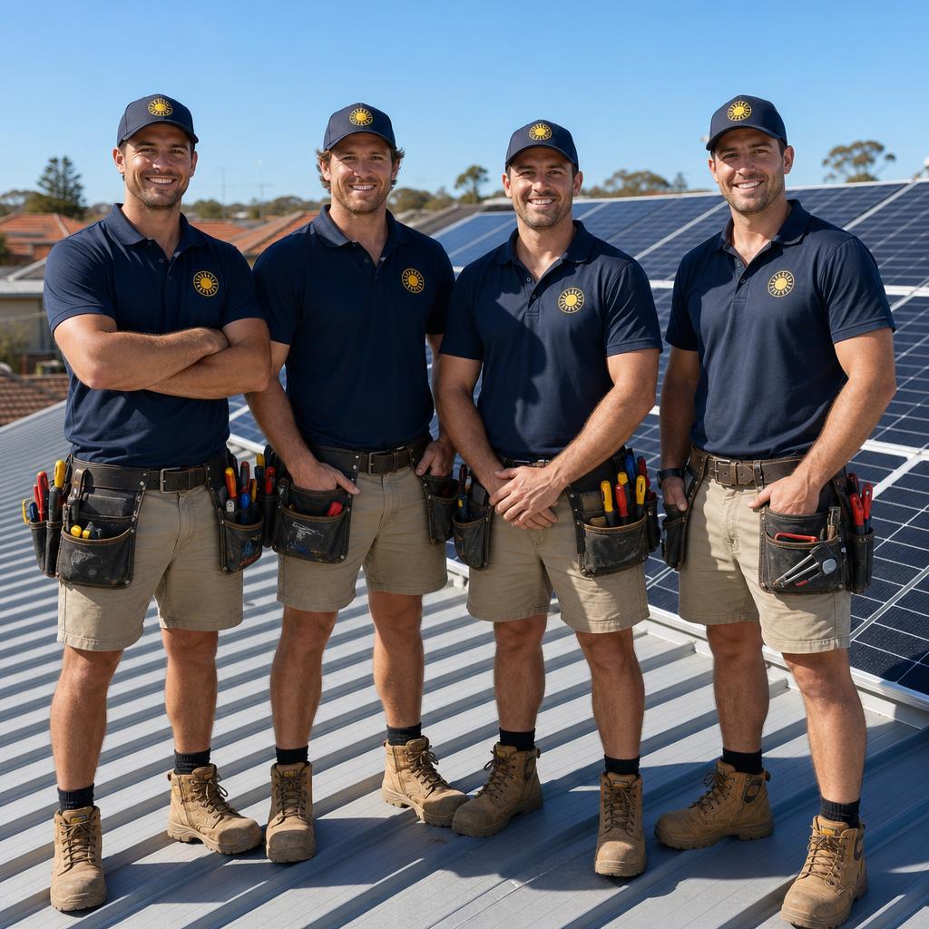 The Solar Battery Australia team in branded uniforms standing together at a jobsite