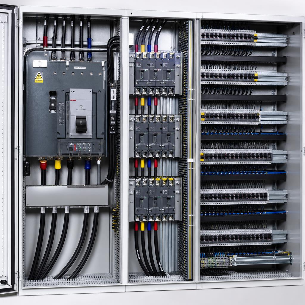 Large industrial distribution board with three phase power cabling